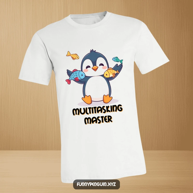 Funny t-shirt depicting a penguin juggling three colorful fish with its flippers, showcasing amazing dexterity and humor, a great funny gift.