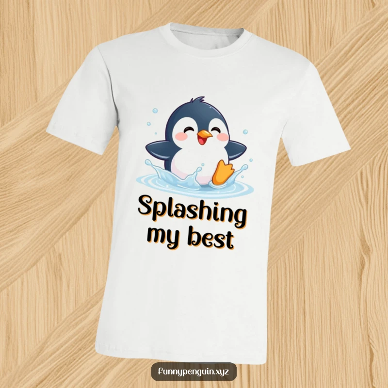 Funny t-shirt of a kawaii penguin joyfully splashing in a puddle, capturing a moment of pure delight.
