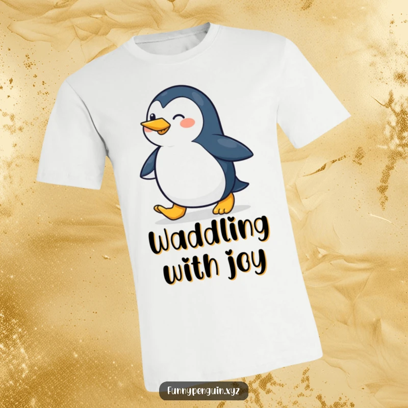 Funny t-shirt showing a penguin waddling with a cheerful and excited stride, conveying happiness and determination, a great funny gift.