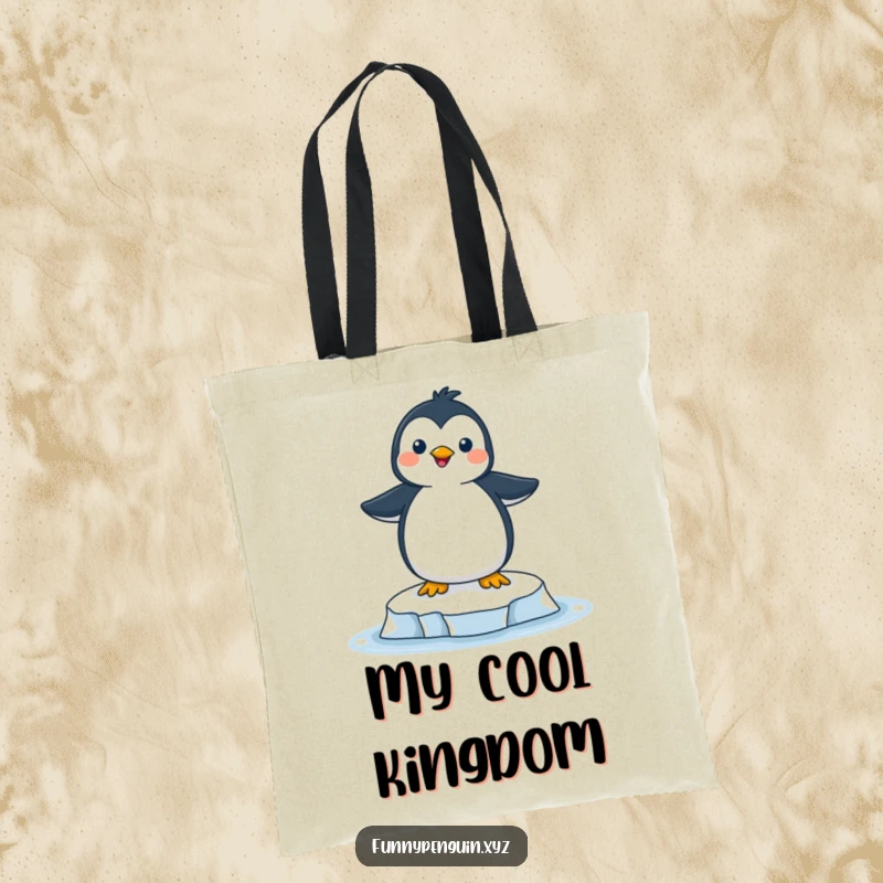 Funny tote bag with a joyful penguin perfectly balanced on a miniature ice floe, looking incredibly happy and carefree.