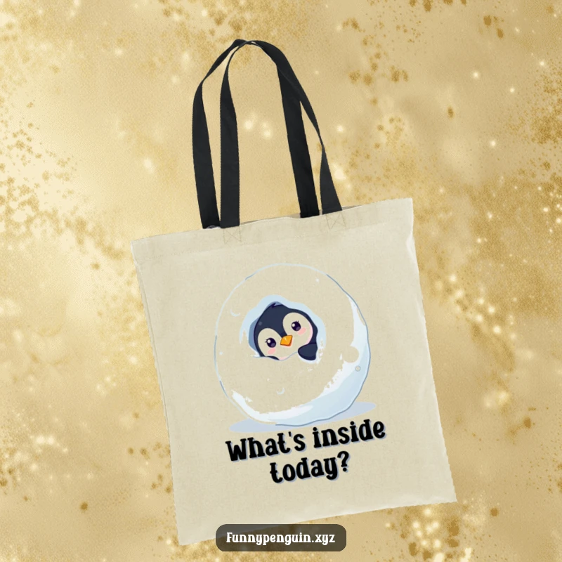 Funny tote bag with a curious penguin peeking from behind a snowball, perfect for carrying daily items with a hint of mystery.