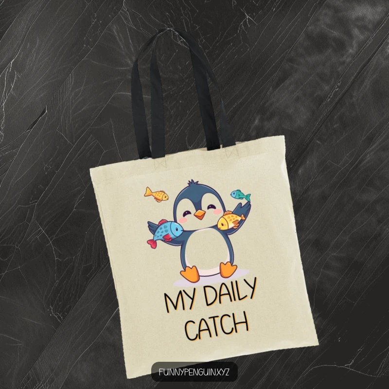 Funny tote bag with a penguin juggling colorful fish, perfect for carrying daily items with a dose of circus-like entertainment.